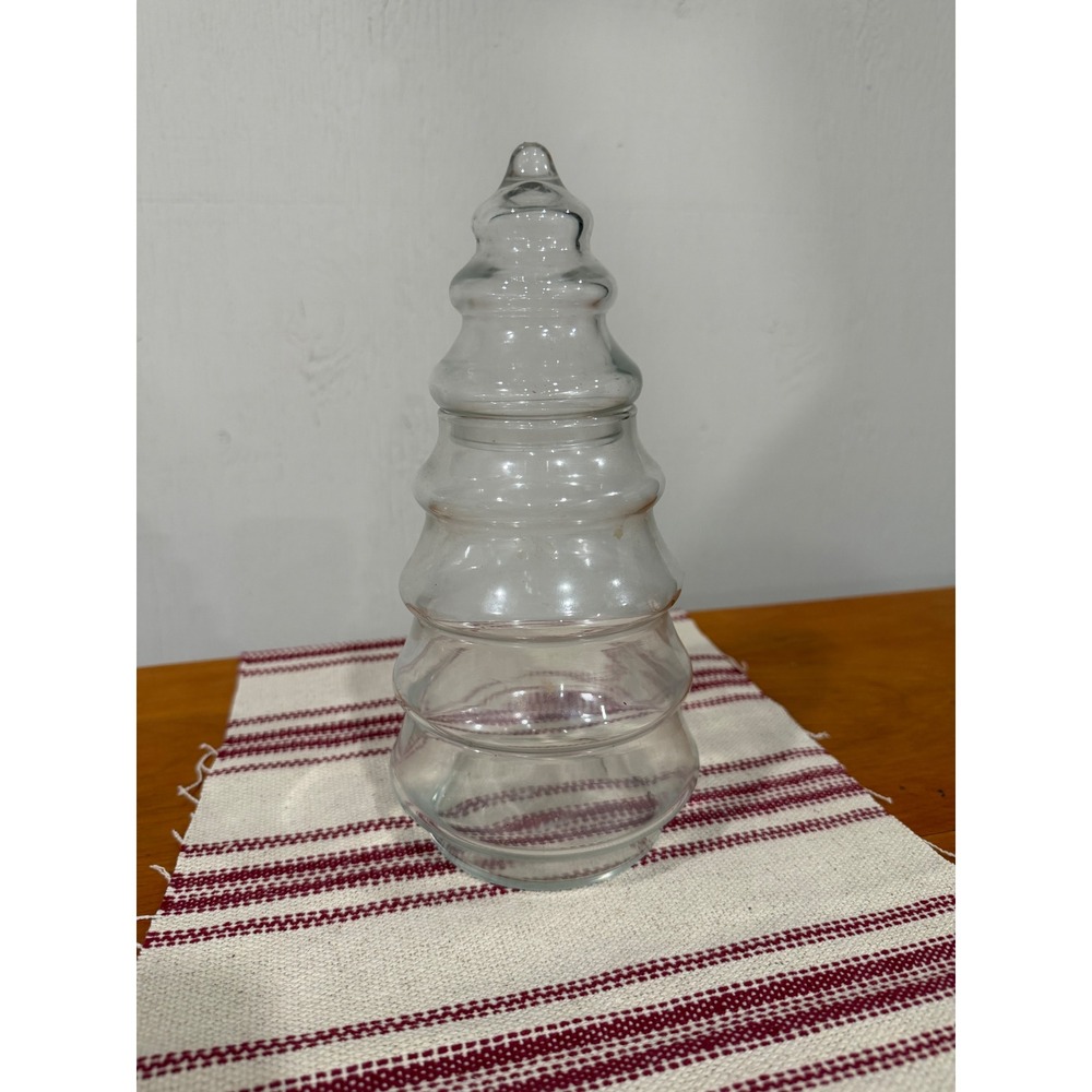 Vintage Clear Glass Christmas Tree Jar Ribbed Tiered Candy Dish Lidded Canister